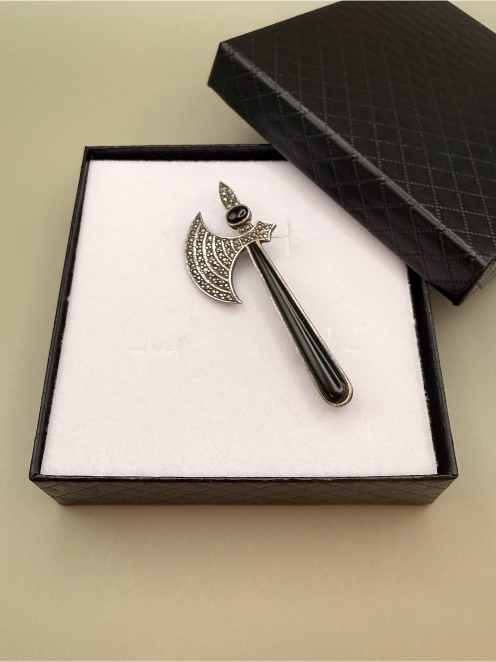 Vintage Black Cabochon Marcasite Style Battle Axe Halberd Brooch Pin Silver Tone